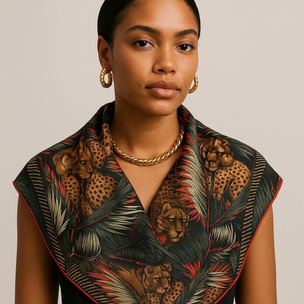Ellen Tracy 34” Square Scarf Leopard Jungle Print Tropical Boho Wrap Shawl